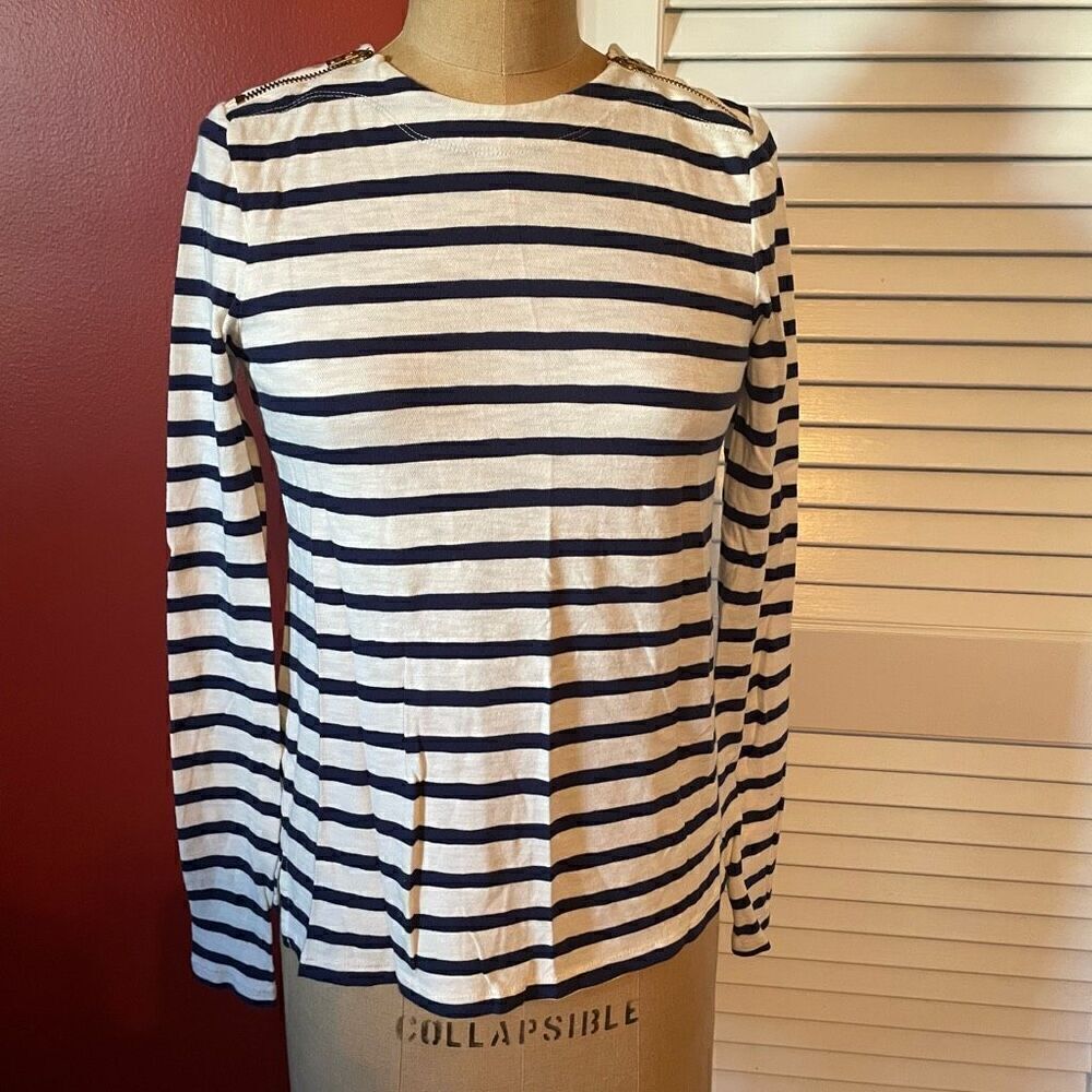 J CREW | navy & white long sleeve zipper shoulder top XS